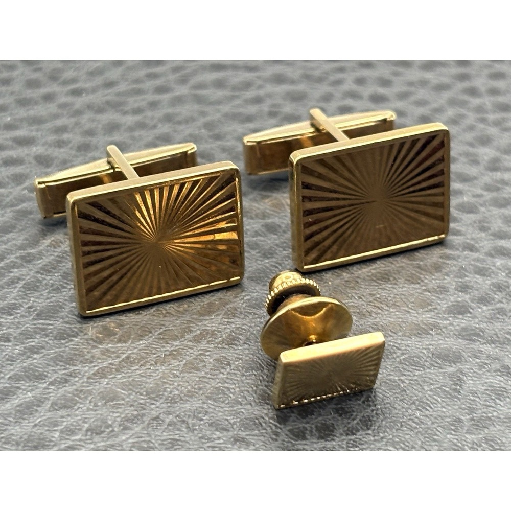 Vintage Vermeil Sterling Cufflinks Tie Tack Mens Starburst Pattern Deco Style